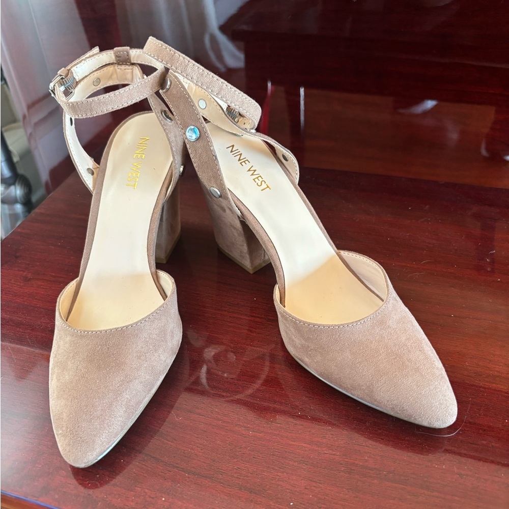 Nine West Taupe Suede Pointed-Toe Block Heels with Ankle Strap